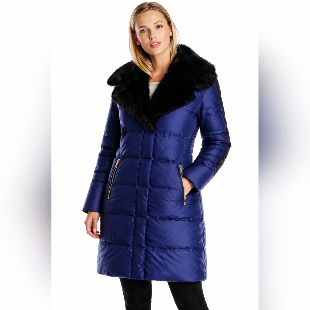 Juicy Couture Black Label Blue Down Puffer Coat Y2K Fur Collar Gold Zips Size S